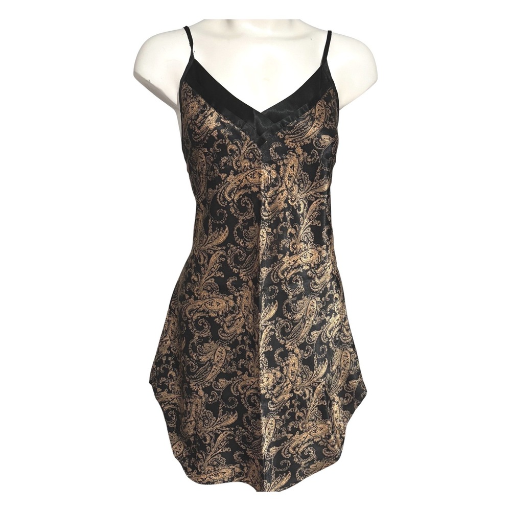 Kathryn Womens Black Gold Paisley Satin Nightgown Sleepwear M Black and Gold
